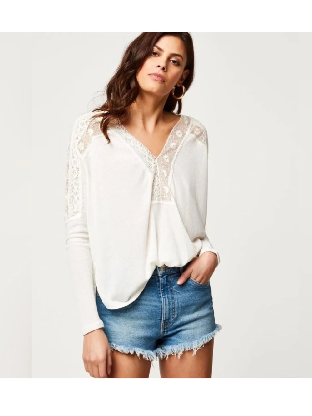 Free People Cream Lace Yoke Top